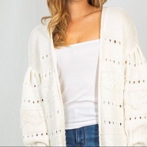 White Long Sleeve Solid Knit Cardigan With Eyelet Detail